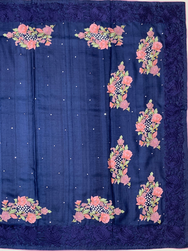 Royal Blue Tussore Silk Saree with Pink Floral Bootis & Tonal Embroidered Border