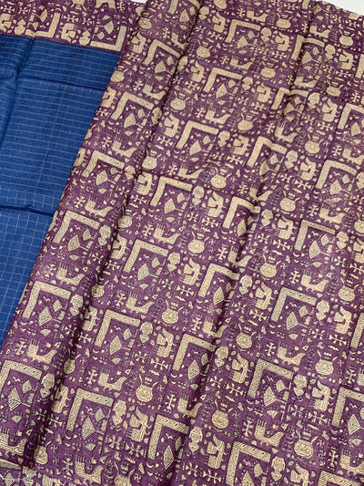 Blue Tussore Saree With Folk Traditional Printed Border