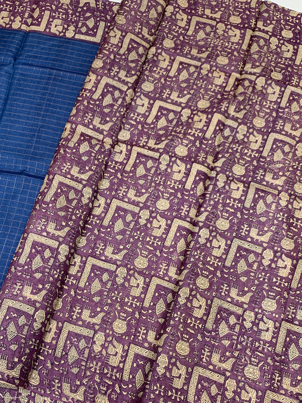 Blue Tussore Saree With Folk Traditional Printed Border