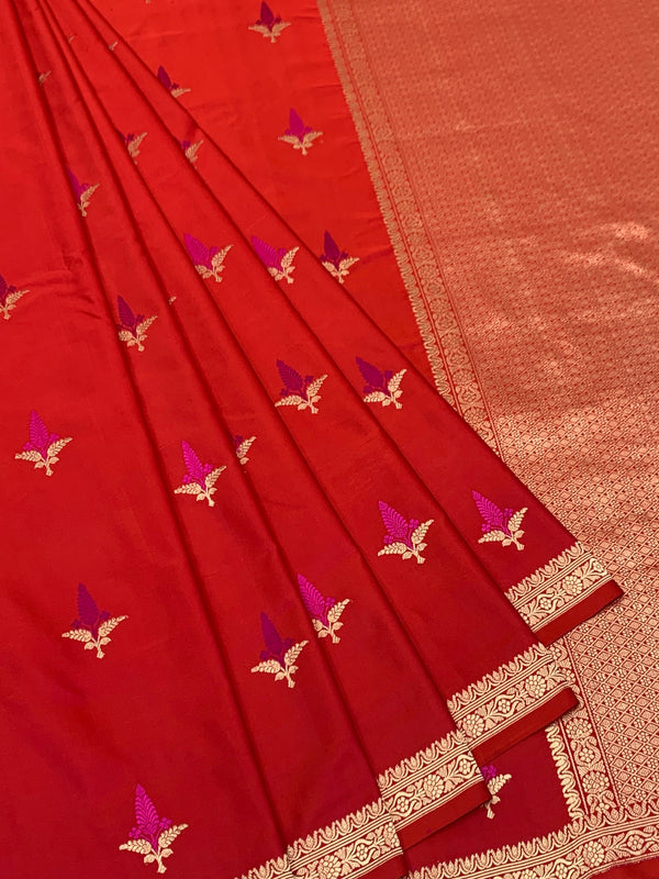 Vibrant Crimson Red Mashru Silk Saree with Zari Motifs & Pallu
