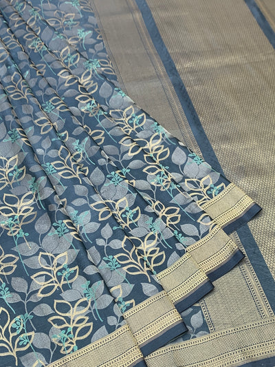 Slate Blue Mashru Silk Saree with Botanical Weave and Micro-Check Blouse
