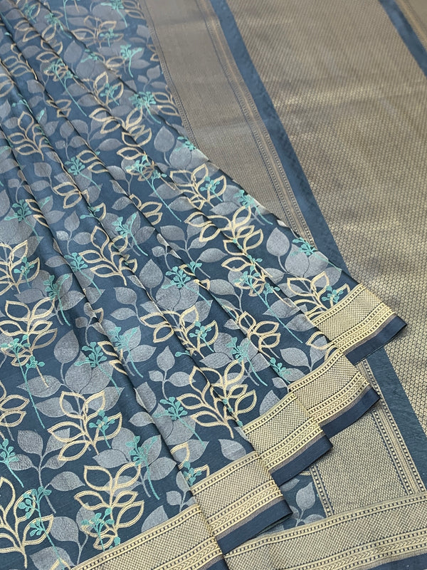 Slate Blue Mashru Silk Saree with Botanical Weave and Micro-Check Blouse