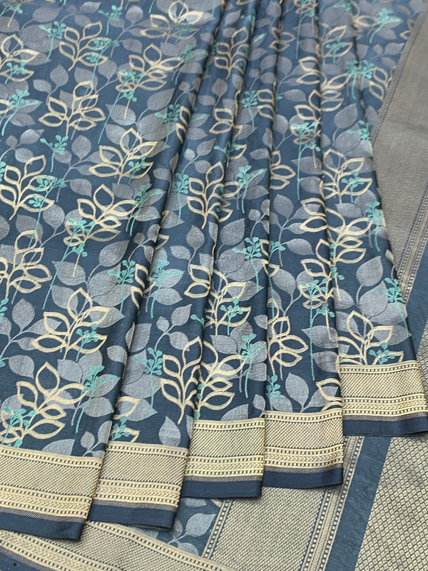 Slate Blue Mashru Silk Saree with Botanical Weave and Micro-Check Blouse