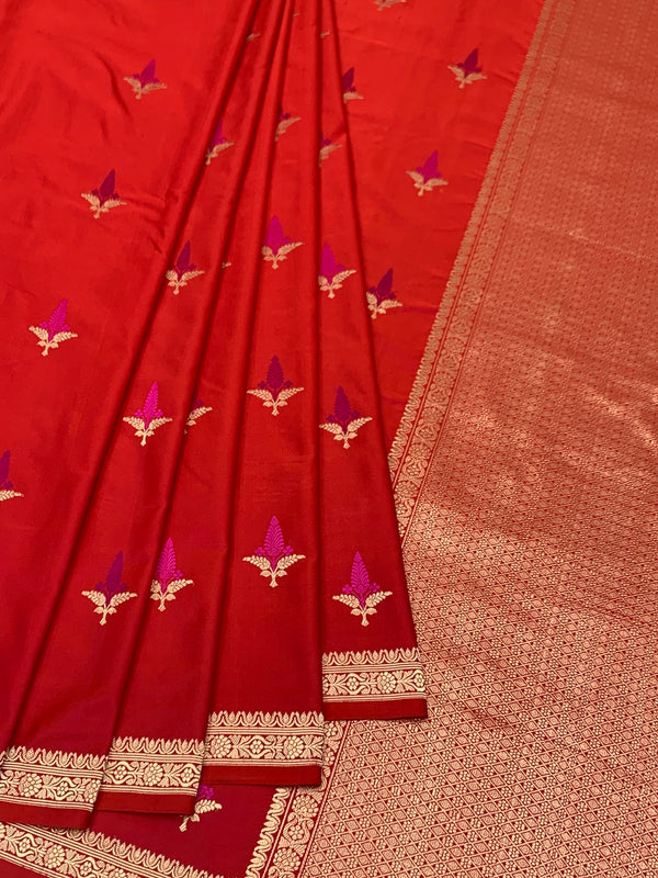 Vibrant Crimson Red Mashru Silk Saree with Zari Motifs & Pallu
