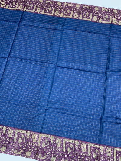 Blue Tussore Saree With Folk Traditional Printed Border