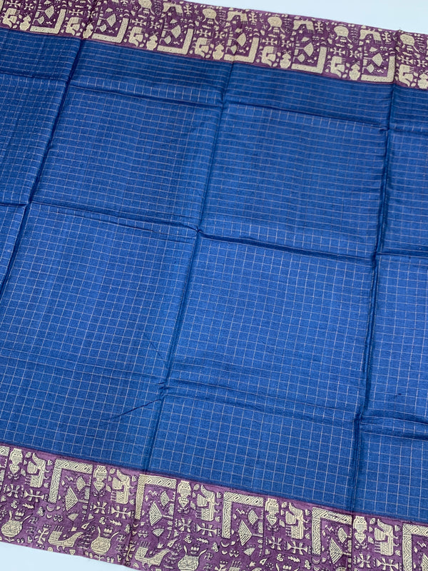 Blue Tussore Saree With Folk Traditional Printed Border