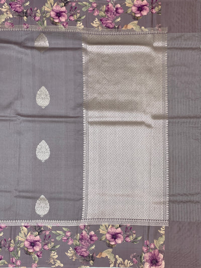 Elegant Grey Tussore Saree with Floral Printed Border