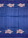 Royal Blue Tussore Silk Saree with Pink Floral Bootis & Tonal Embroidered Border