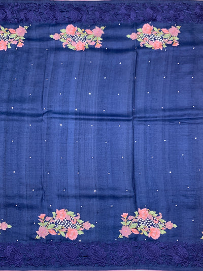 Royal Blue Tussore Silk Saree with Pink Floral Bootis & Tonal Embroidered Border