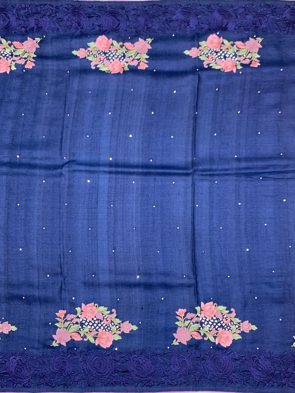 Royal Blue Tussore Silk Saree with Pink Floral Bootis & Tonal Embroidered Border