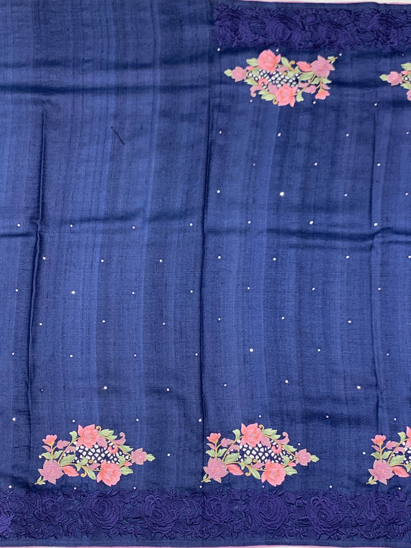 Royal Blue Tussore Silk Saree with Pink Floral Bootis & Tonal Embroidered Border
