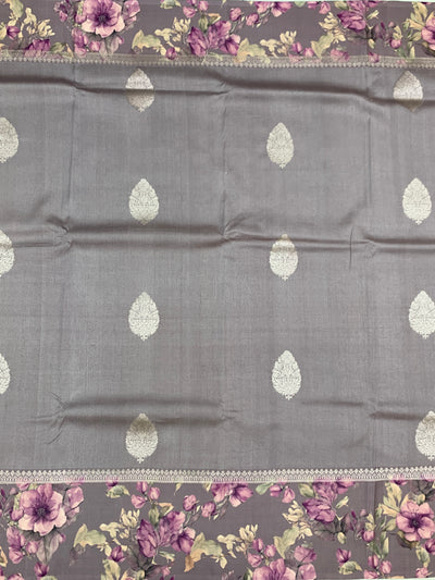 Elegant Grey Tussore Saree with Floral Printed Border