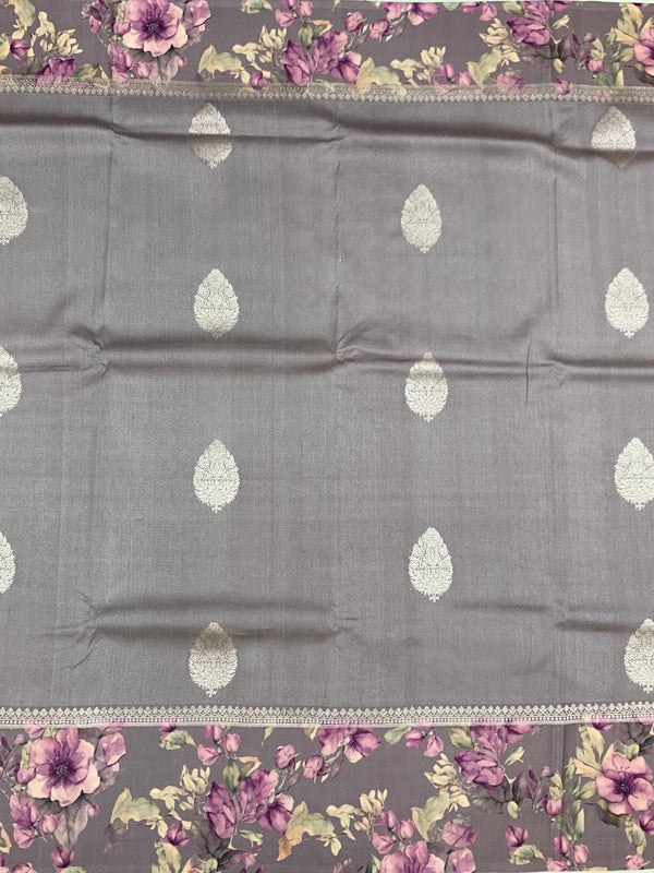 Elegant Grey Tussore Saree with Floral Printed Border