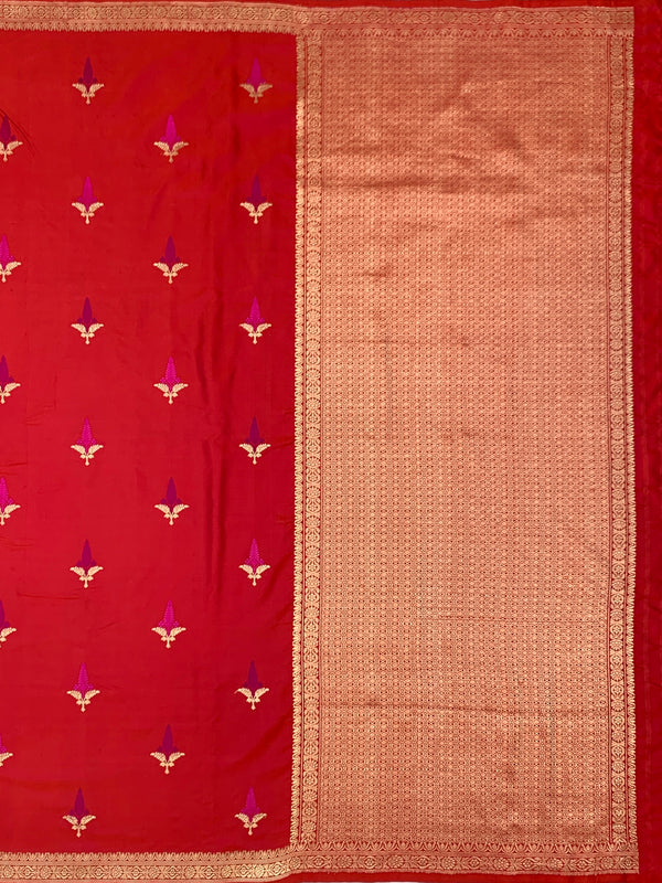 Vibrant Crimson Red Mashru Silk Saree with Zari Motifs & Pallu