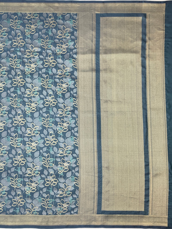 Slate Blue Mashru Silk Saree with Botanical Weave and Micro-Check Blouse