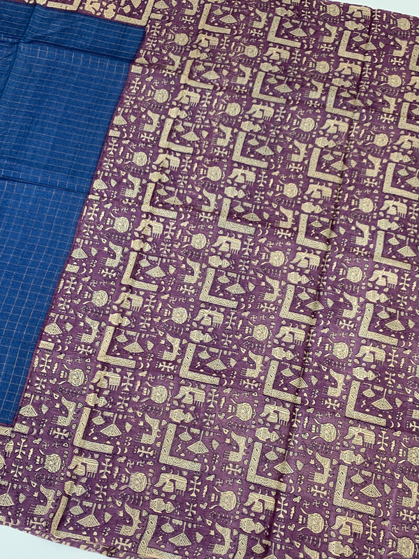 Blue Tussore Saree With Folk Traditional Printed Border