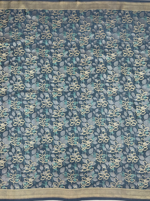 Slate Blue Mashru Silk Saree with Botanical Weave and Micro-Check Blouse