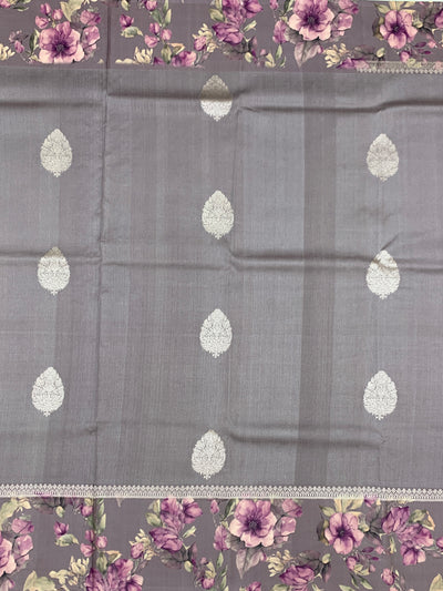 Elegant Grey Tussore Saree with Floral Printed Border