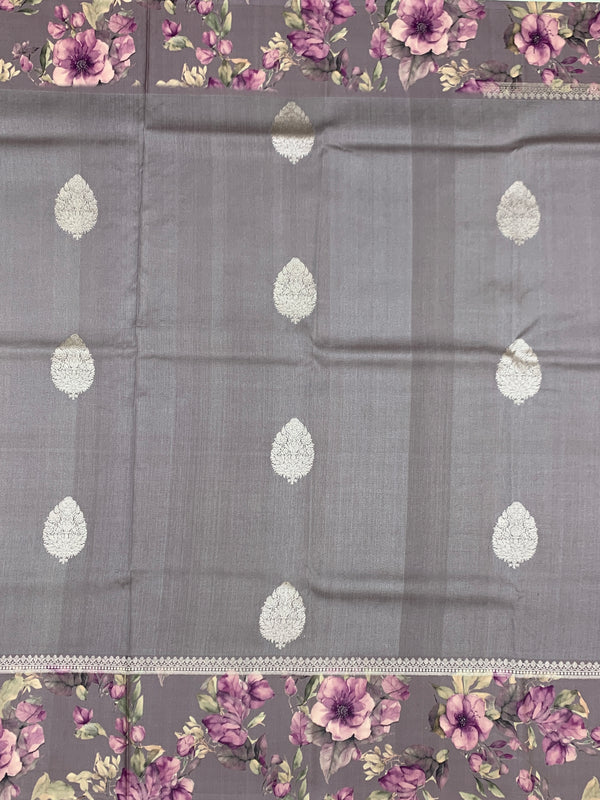 Elegant Grey Tussore Saree with Floral Printed Border