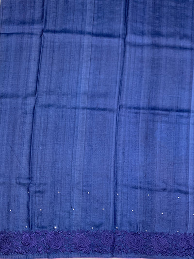 Royal Blue Tussore Silk Saree with Pink Floral Bootis & Tonal Embroidered Border
