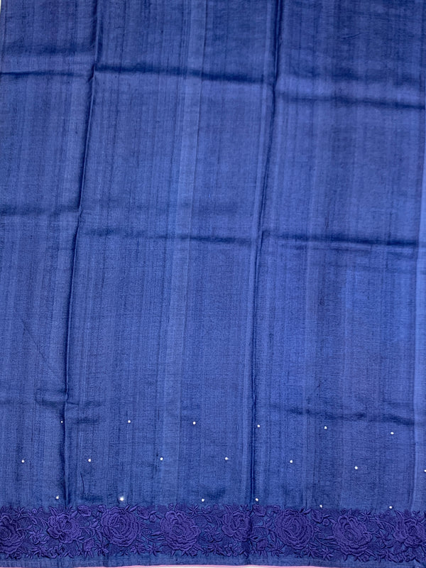 Royal Blue Tussore Silk Saree with Pink Floral Bootis & Tonal Embroidered Border