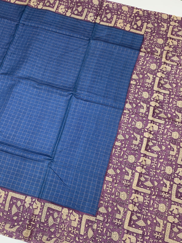 Blue Tussore Saree With Folk Traditional Printed Border