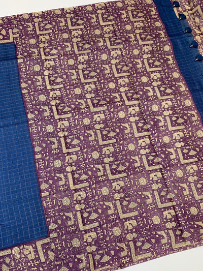 Blue Tussore Saree With Folk Traditional Printed Border