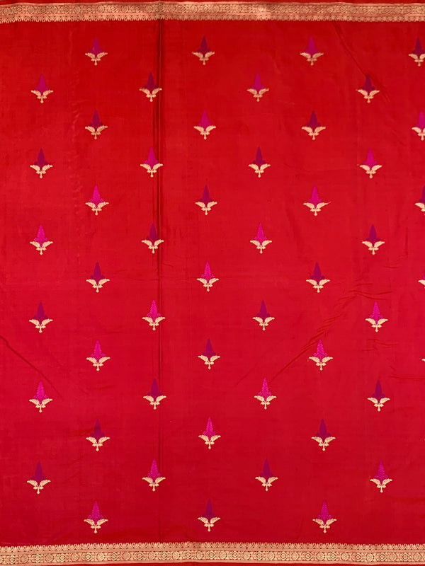 Vibrant Crimson Red Mashru Silk Saree with Zari Motifs & Pallu