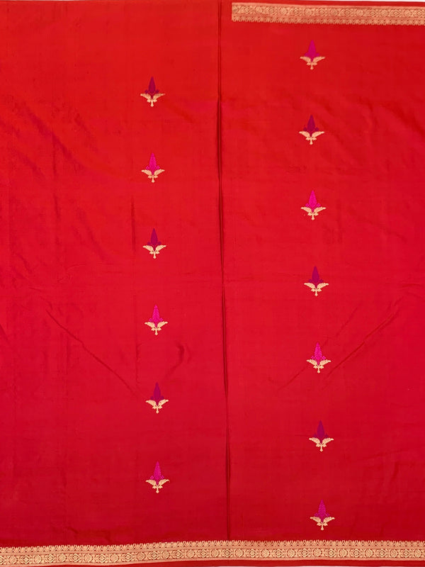 Vibrant Crimson Red Mashru Silk Saree with Zari Motifs & Pallu