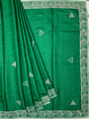 Vibrant Green Tussore Silk Saree with Geometric Triangle Motifs & Border