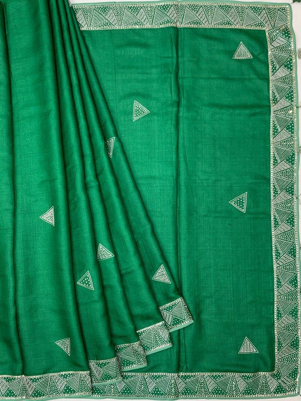 Vibrant Green Tussore Silk Saree with Geometric Triangle Motifs & Border