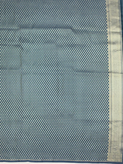 Slate Blue Mashru Silk Saree with Botanical Weave and Micro-Check Blouse