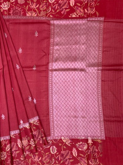 Deep Crimson Red Tussore Saree with Woven Butis and Floral Printed Border