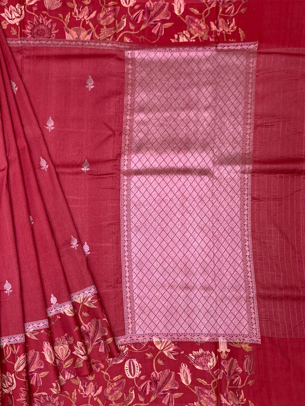 Deep Crimson Red Tussore Saree with Woven Butis and Floral Printed Border