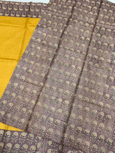Mango-Yellow Tussore Saree With Floral Border