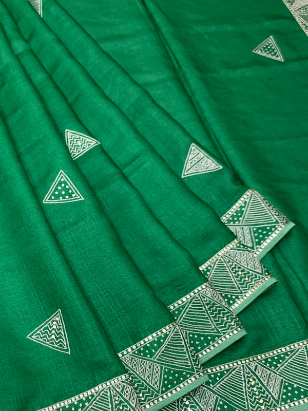 Vibrant Green Tussore Silk Saree with Geometric Triangle Motifs & Border