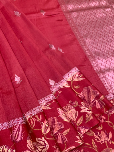 Deep Crimson Red Tussore Saree with Woven Butis and Floral Printed Border