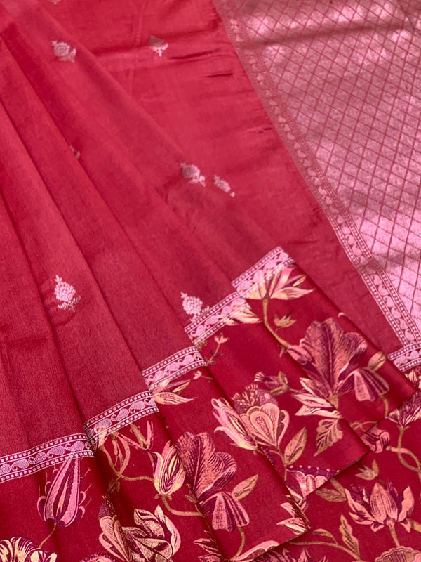 Deep Crimson Red Tussore Saree with Woven Butis and Floral Printed Border