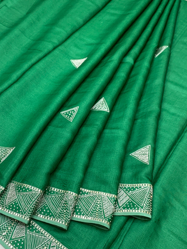 Vibrant Green Tussore Silk Saree with Geometric Triangle Motifs & Border