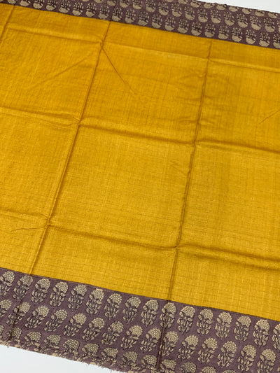 Mango-Yellow Tussore Saree With Floral Border