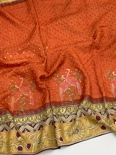 Tussore Kalamkari Bandhani Saree Rust In Colour