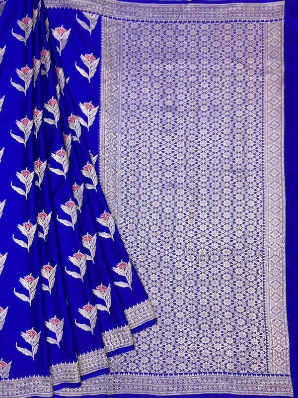 Royal Blue Mashru Silk Saree with Floral Motifs & Silver Zari Jaal Pallu