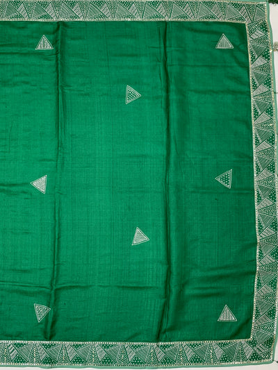 Vibrant Green Tussore Silk Saree with Geometric Triangle Motifs & Border
