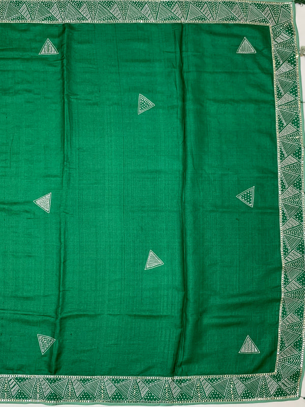 Vibrant Green Tussore Silk Saree with Geometric Triangle Motifs & Border