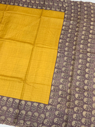 Mango-Yellow Tussore Saree With Floral Border