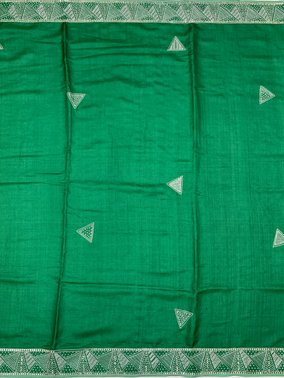 Vibrant Green Tussore Silk Saree with Geometric Triangle Motifs & Border