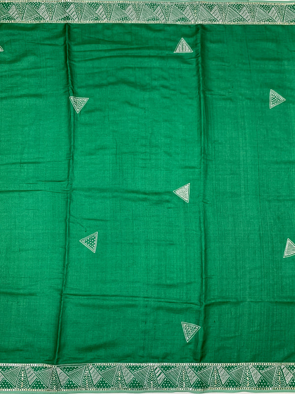 Vibrant Green Tussore Silk Saree with Geometric Triangle Motifs & Border