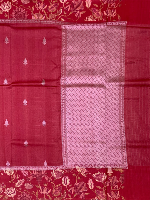 Deep Crimson Red Tussore Saree with Woven Butis and Floral Printed Border