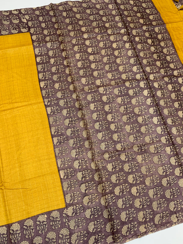 Mango-Yellow Tussore Saree With Floral Border