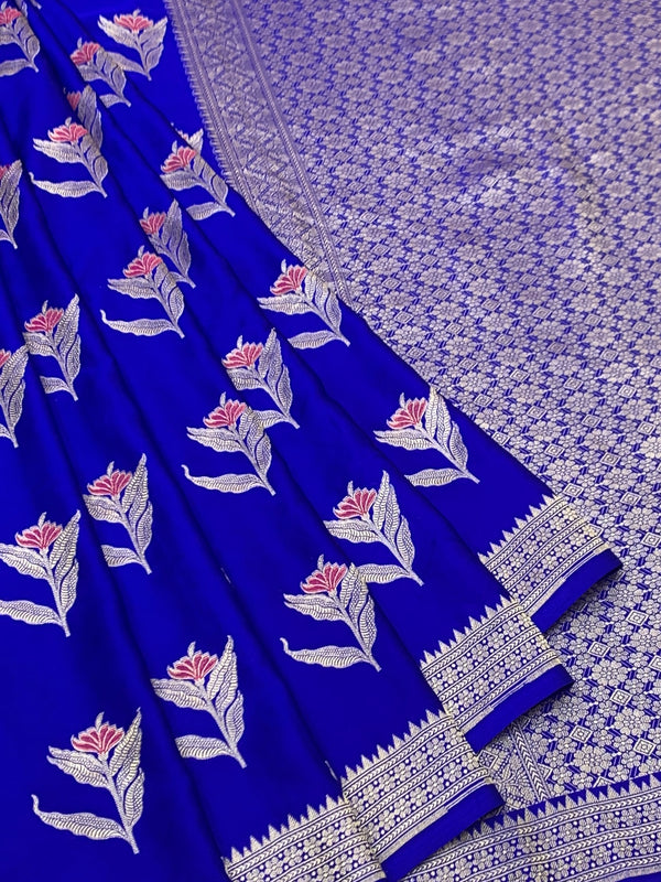 Royal Blue Mashru Silk Saree with Floral Motifs & Silver Zari Jaal Pallu